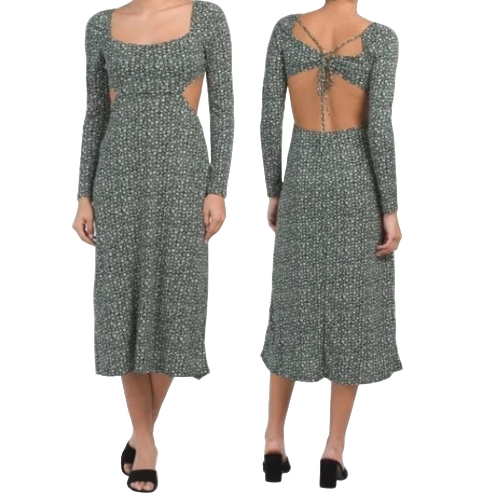 Lush New Medium Midi Dress Green Ditzy Floral Cut Out Open Back Twist Prairie